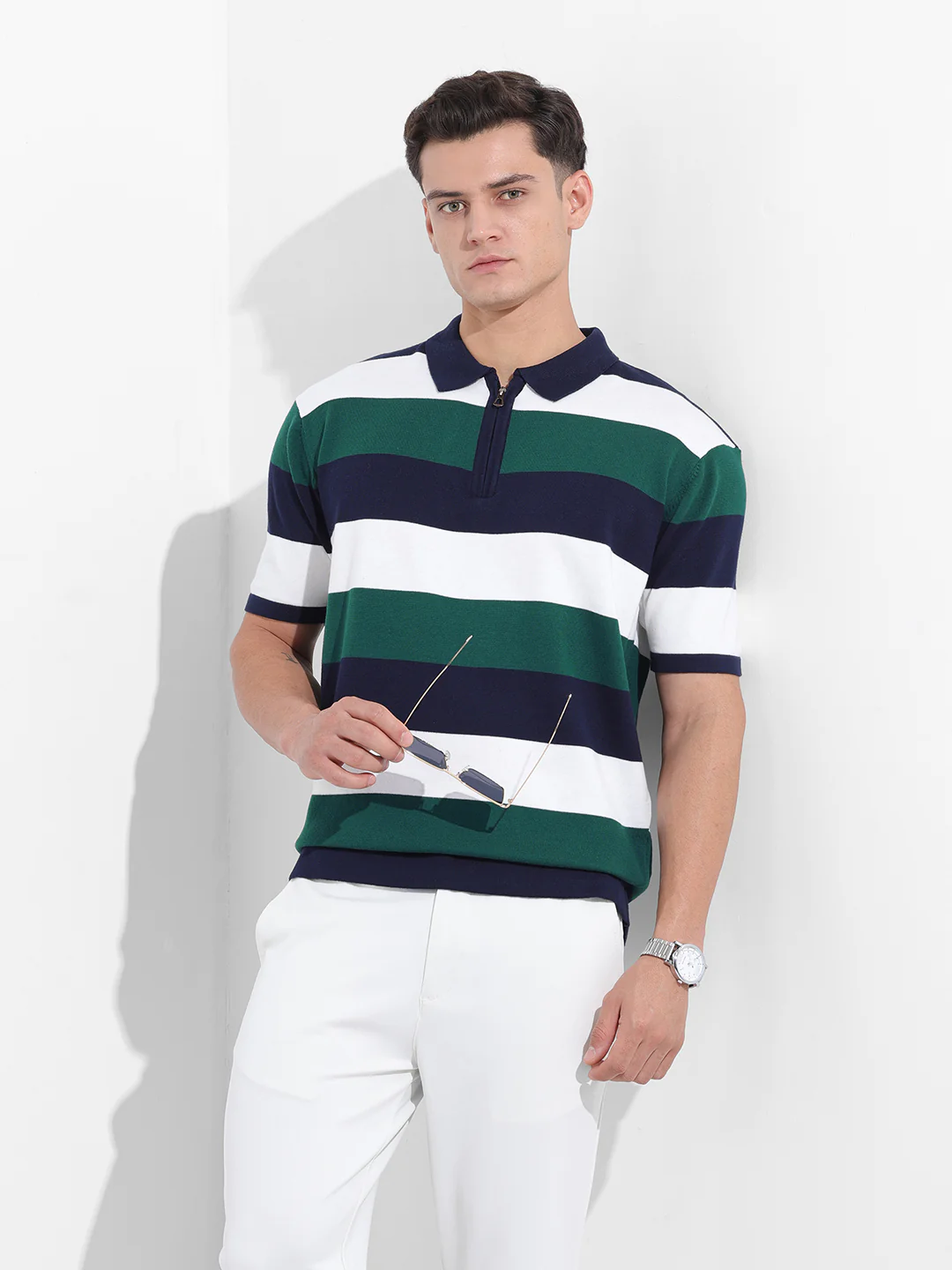 Men's Navy Blue Oversized Fit Textured Flat Knit Polo T-Shirt