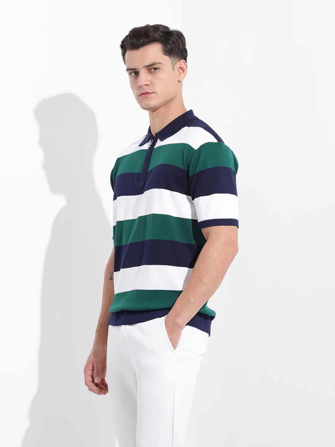 Men's Navy Blue Oversized Fit Textured Flat Knit Polo T-Shirt - Image 2