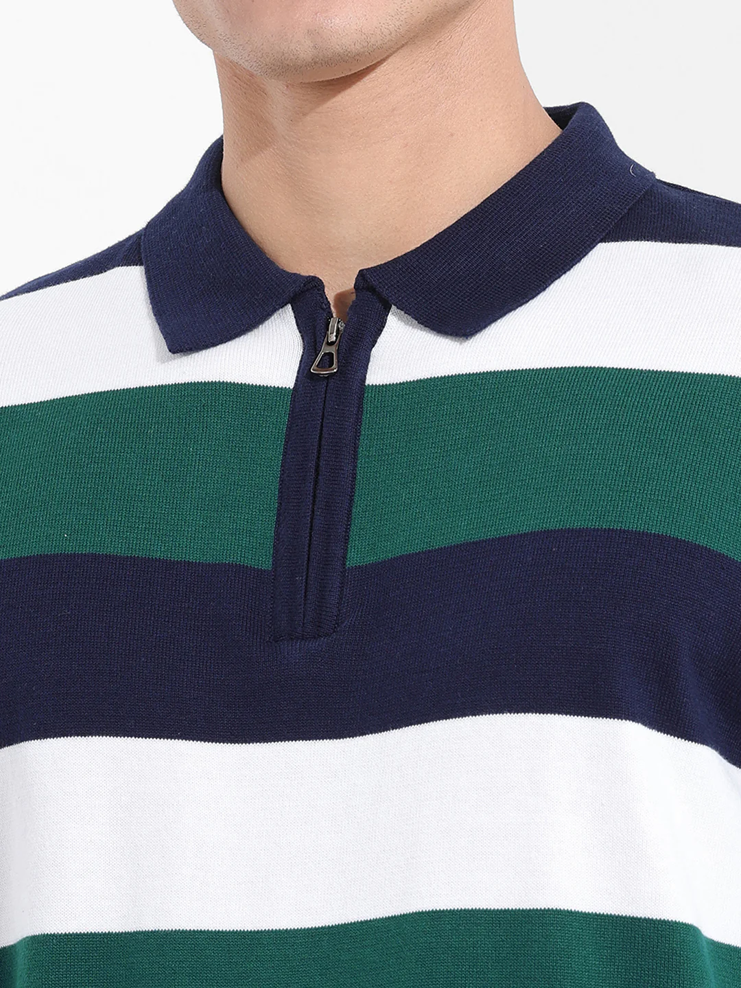 Men's Navy Blue Oversized Fit Textured Flat Knit Polo T-Shirt - Image 3
