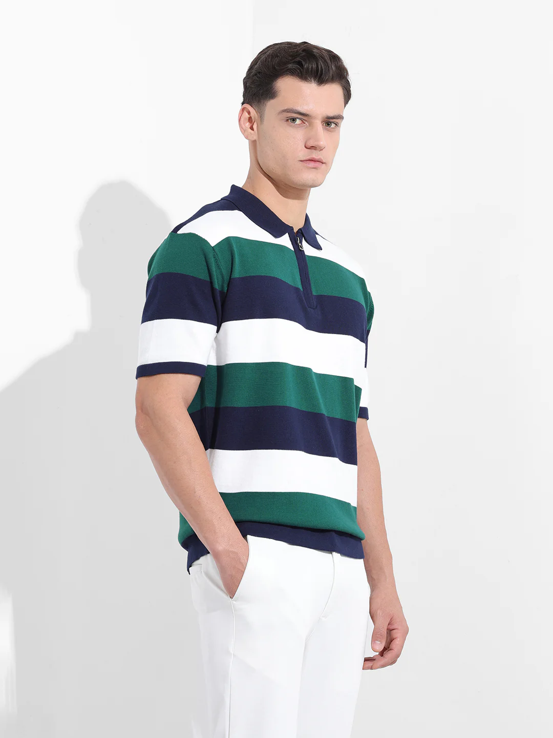Men's Navy Blue Oversized Fit Textured Flat Knit Polo T-Shirt - Image 4