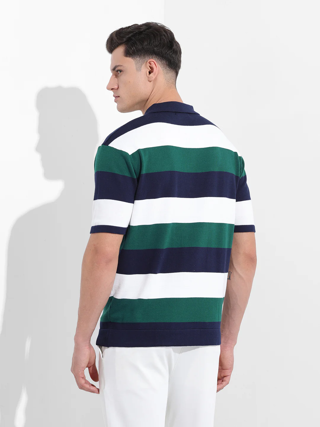 Men's Navy Blue Oversized Fit Textured Flat Knit Polo T-Shirt - Image 5