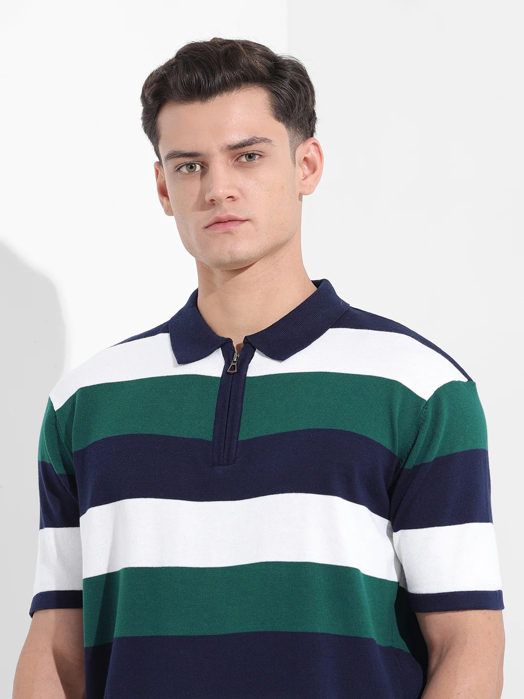 Men's Navy Blue Oversized Fit Textured Flat Knit Polo T-Shirt - Image 6