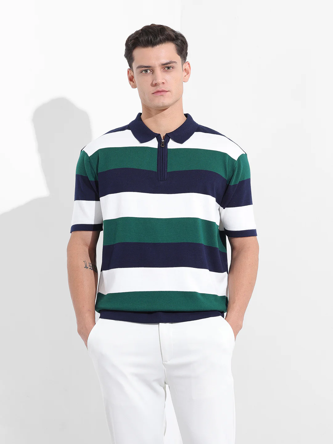Men's Navy Blue Oversized Fit Textured Flat Knit Polo T-Shirt - Image 7