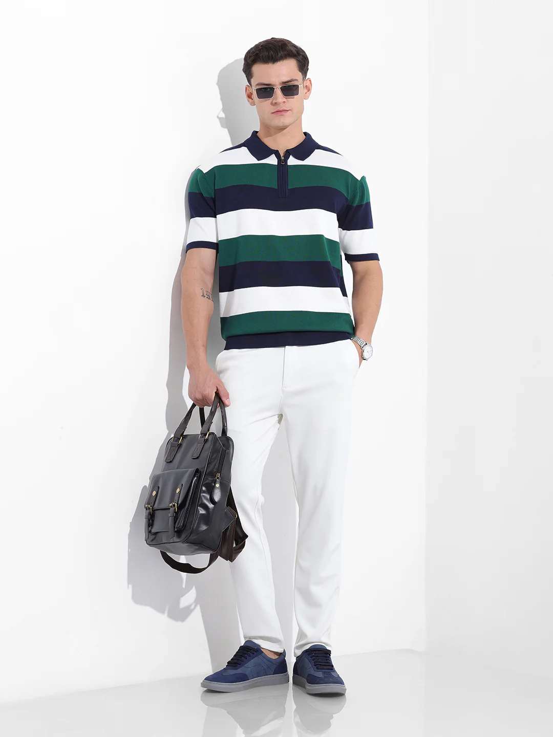 Men's Navy Blue Oversized Fit Textured Flat Knit Polo T-Shirt - Image 8