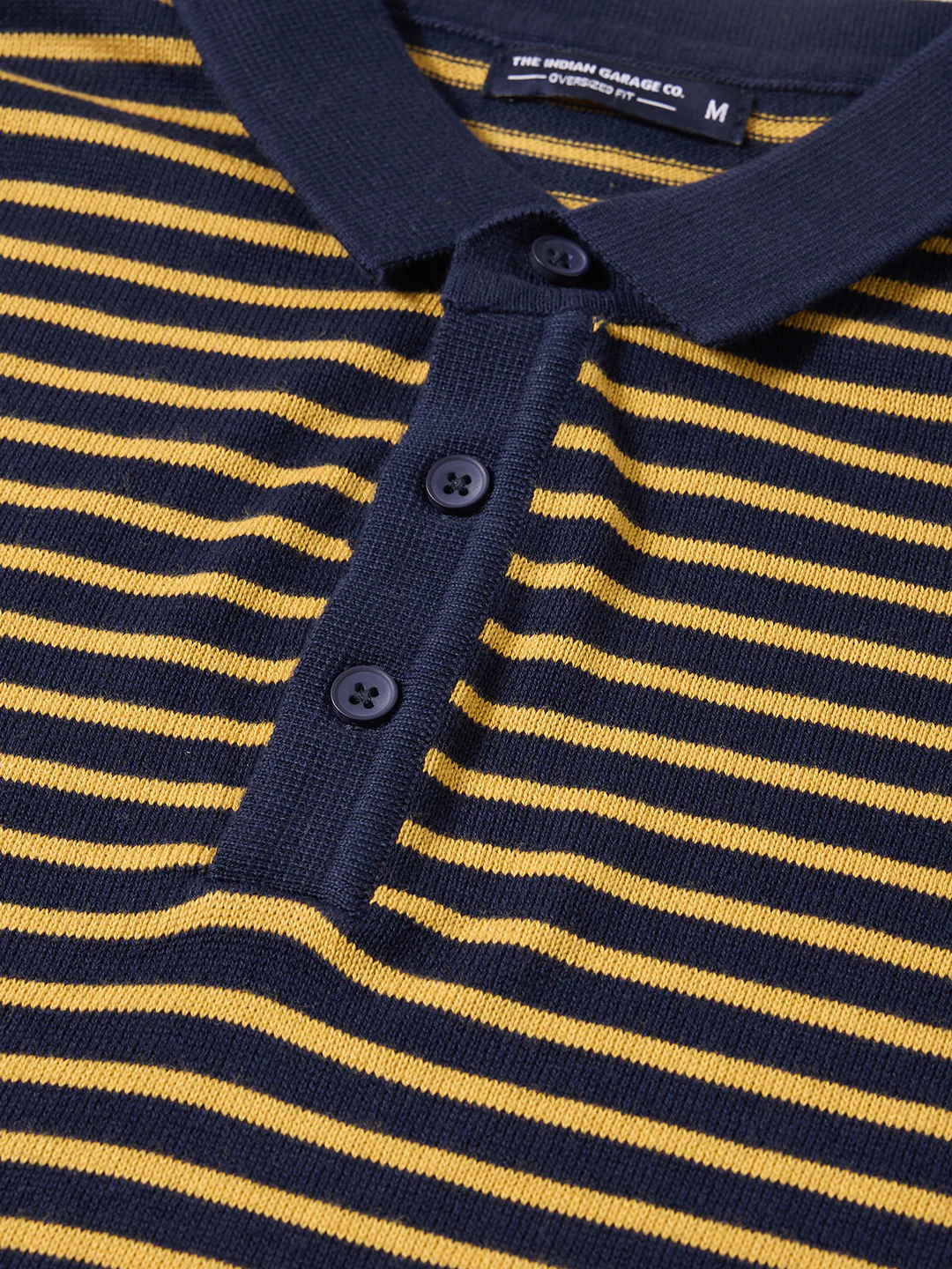 Men's Navy Blue Oversized Fit Striped Flat Knit Polo T-Shirt - Image 3