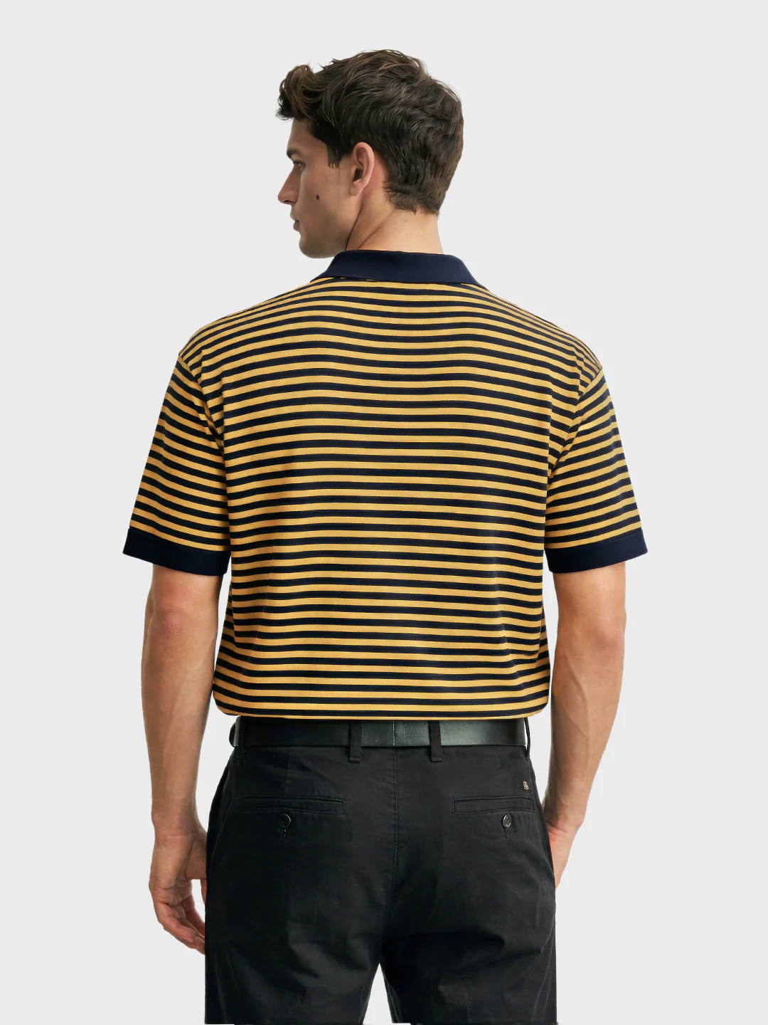 Men's Navy Blue Oversized Fit Striped Flat Knit Polo T-Shirt - Image 4