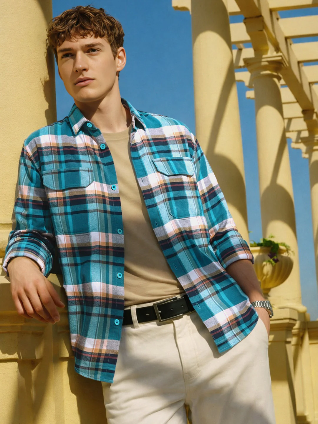 Men's Blue Regular Fit Casual Checkered Shirt