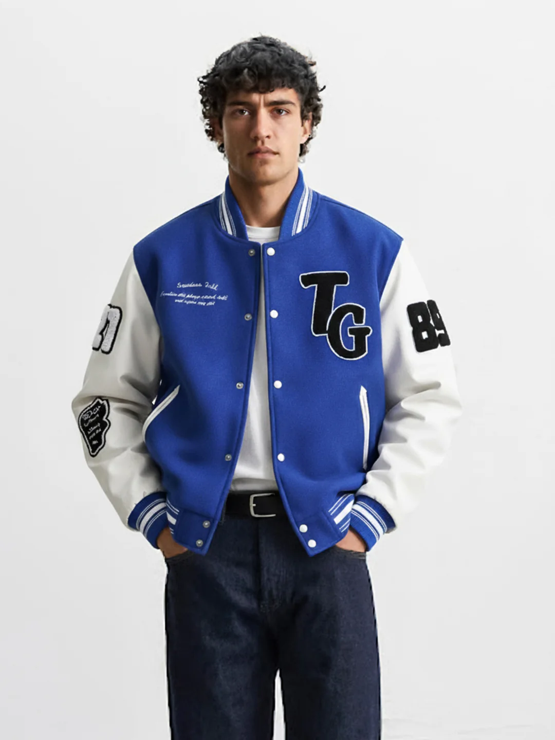 Men's Blue Regular Fit Embroided Casual Bomber Jacket