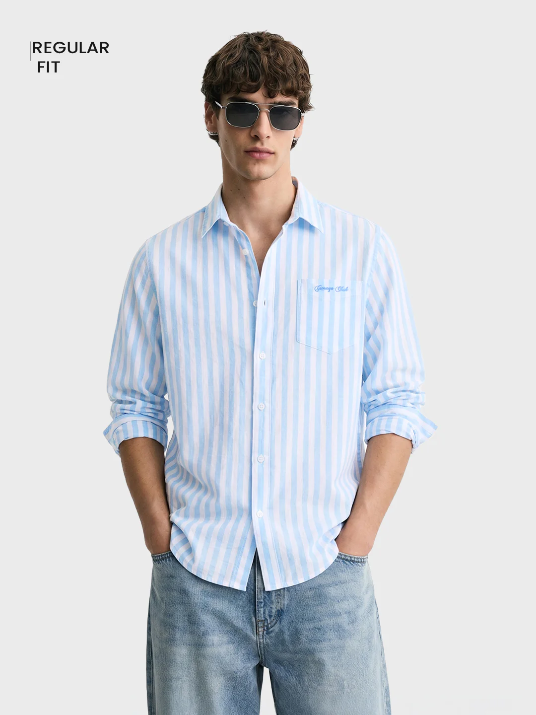 Men's Blue Regular Fit Embroidered Casual Shirt - Image 2