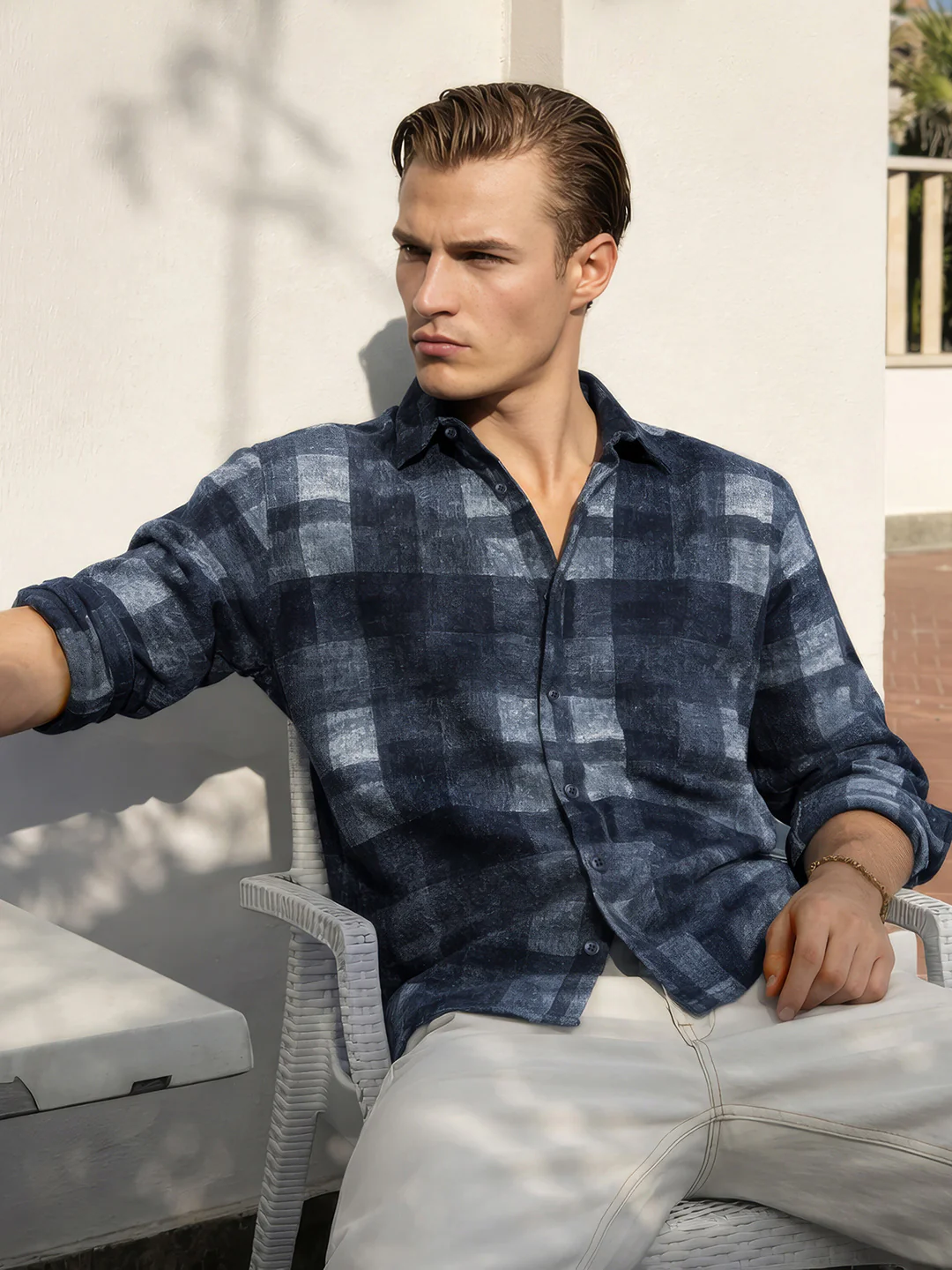 Men's Navy Blue Regular Fit Checkered Casual Shirt
