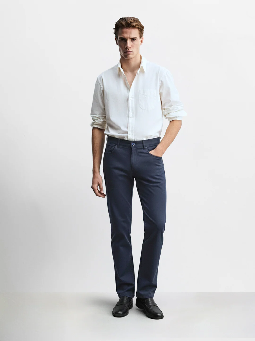 Men's Navy Blue Regular Fit Solid Casual Chinos - Image 3