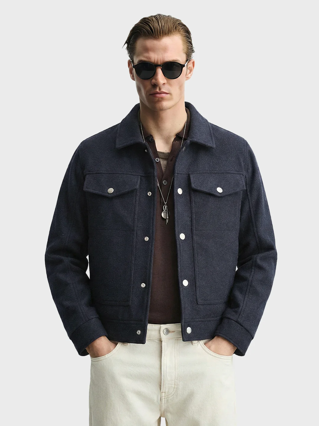 Men's Navy Blue Regular Fit Solid Casual Biker Jacket