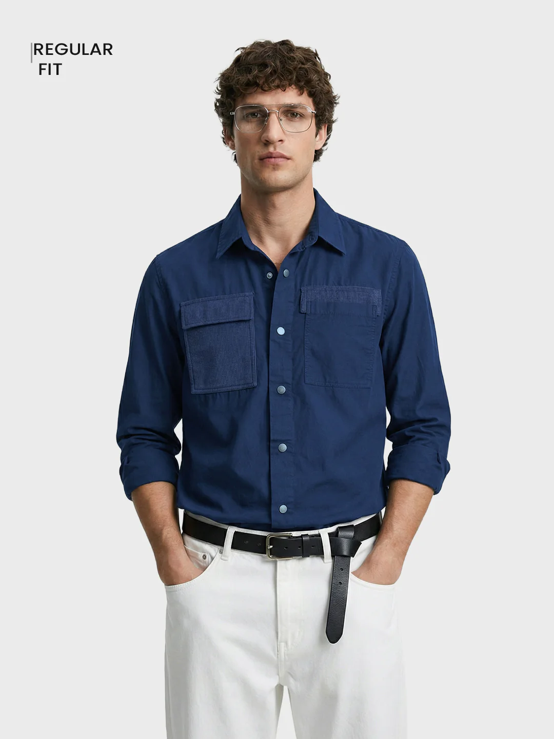 Men's Navy Blue Regular Fit Solid Utility Shirt - Image 2
