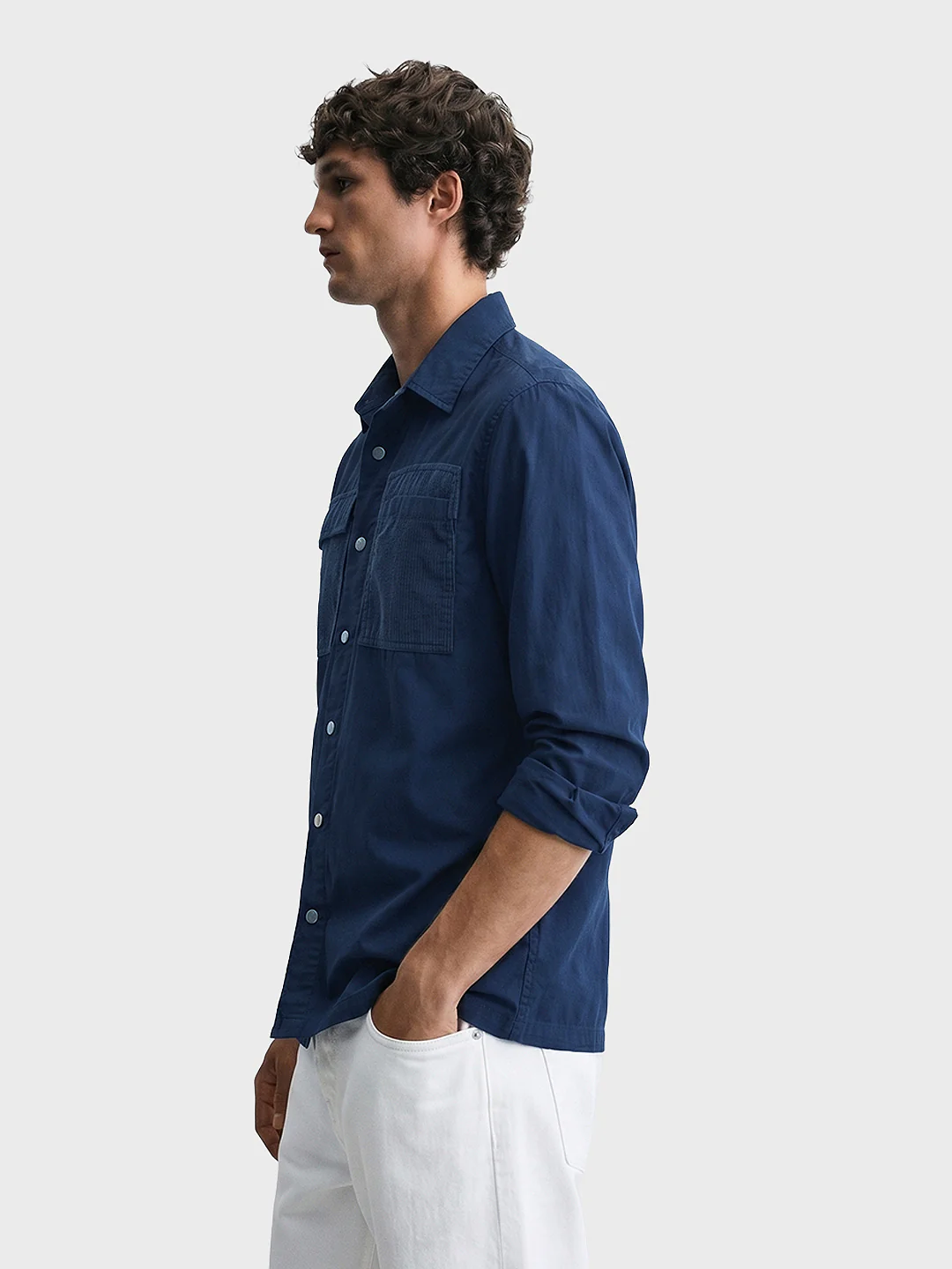 Men's Navy Blue Regular Fit Solid Utility Shirt - Image 3