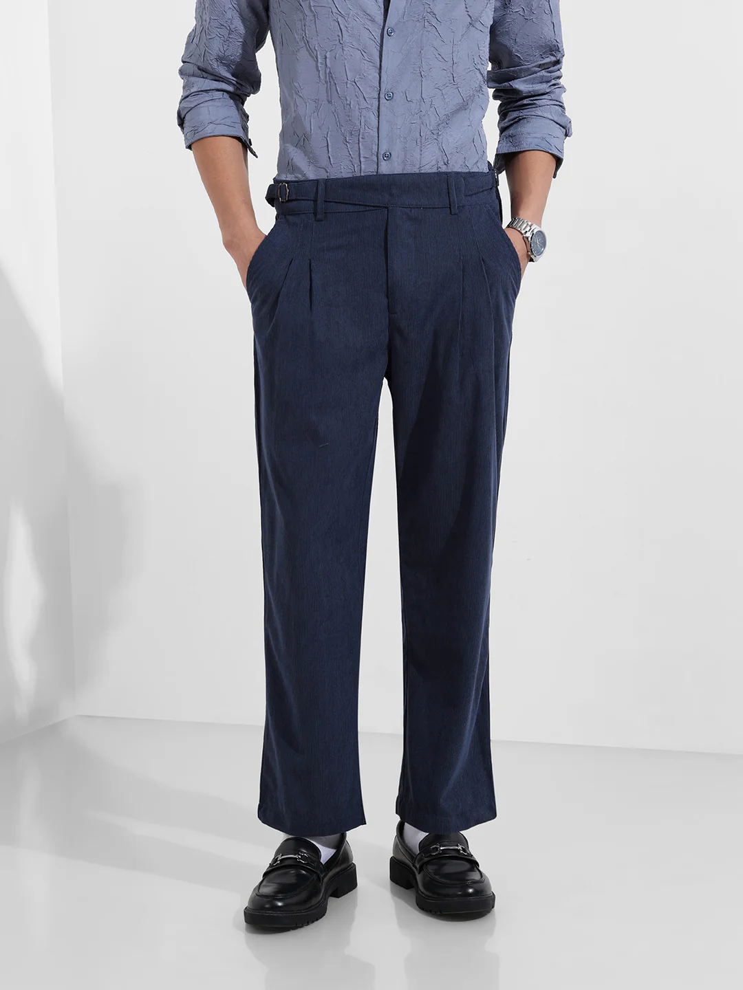 Men's Dark Denim Relaxed Fit Textured Casual Trousers