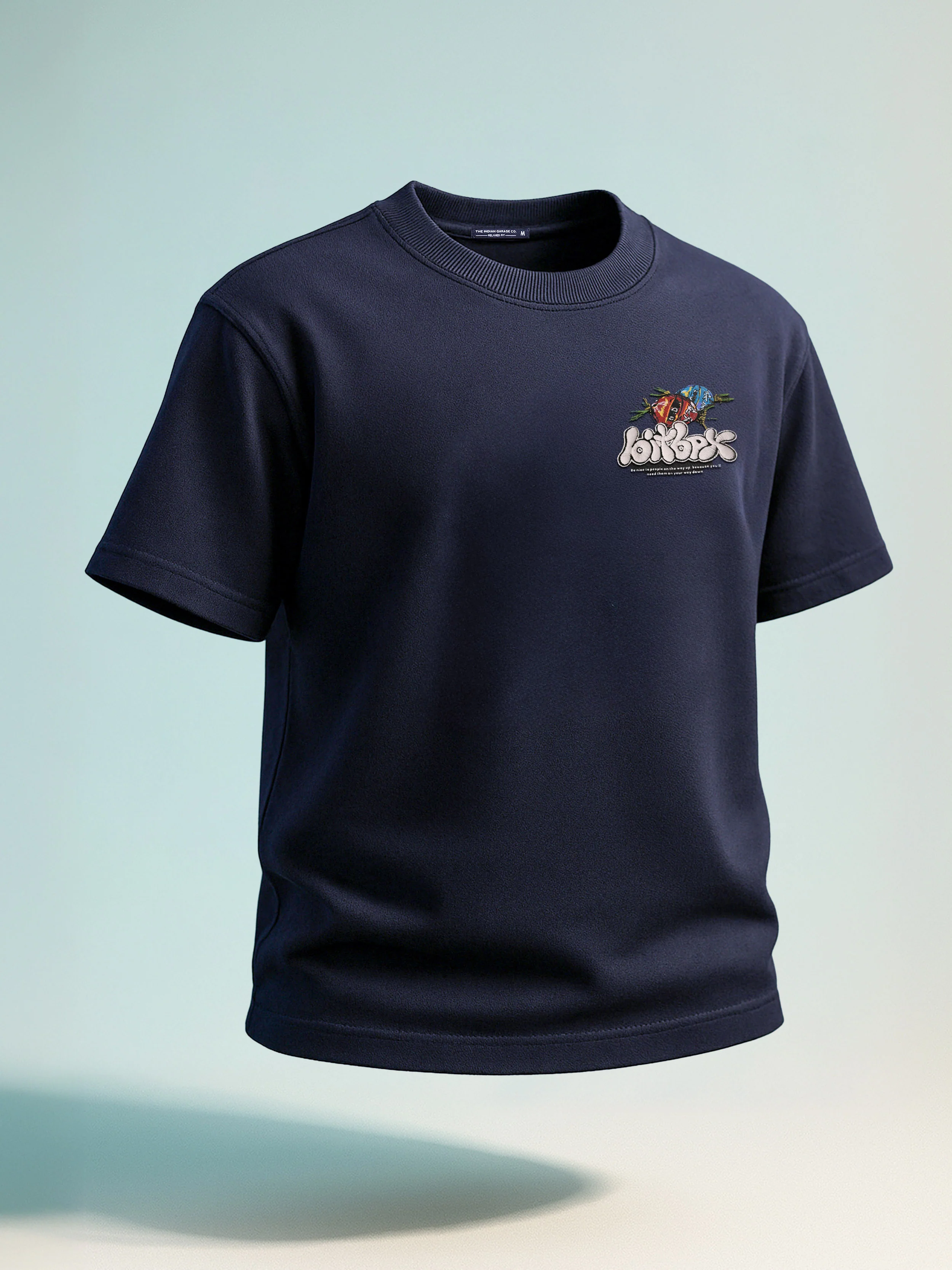 Men's Navy Blue Relaxed Fit Embroided 240 GSM Casual T-Shirt - Image 3
