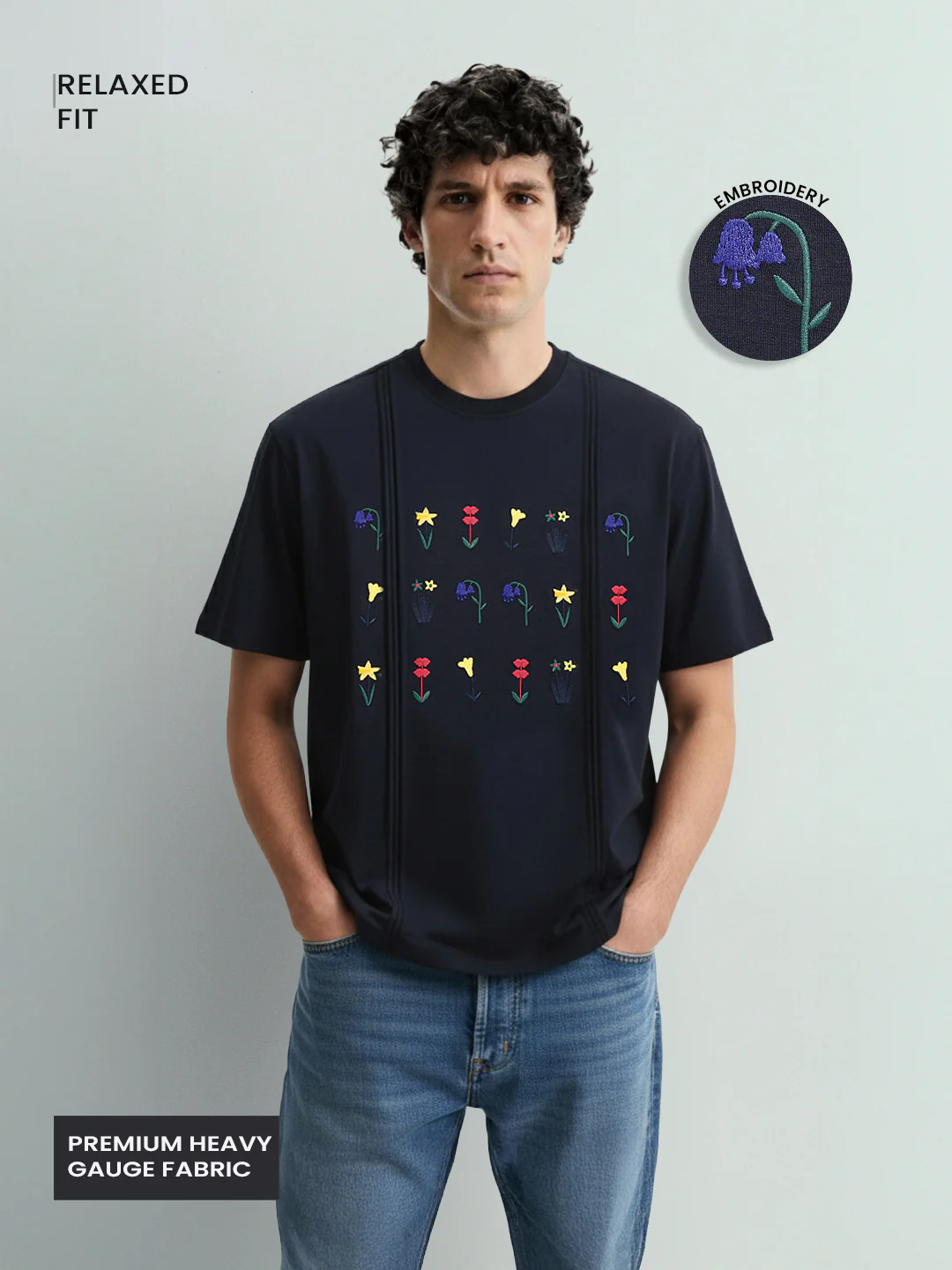Men's Navy Blue Relaxed Fit Embroided 240 GSM Resort Wear T-Shirt