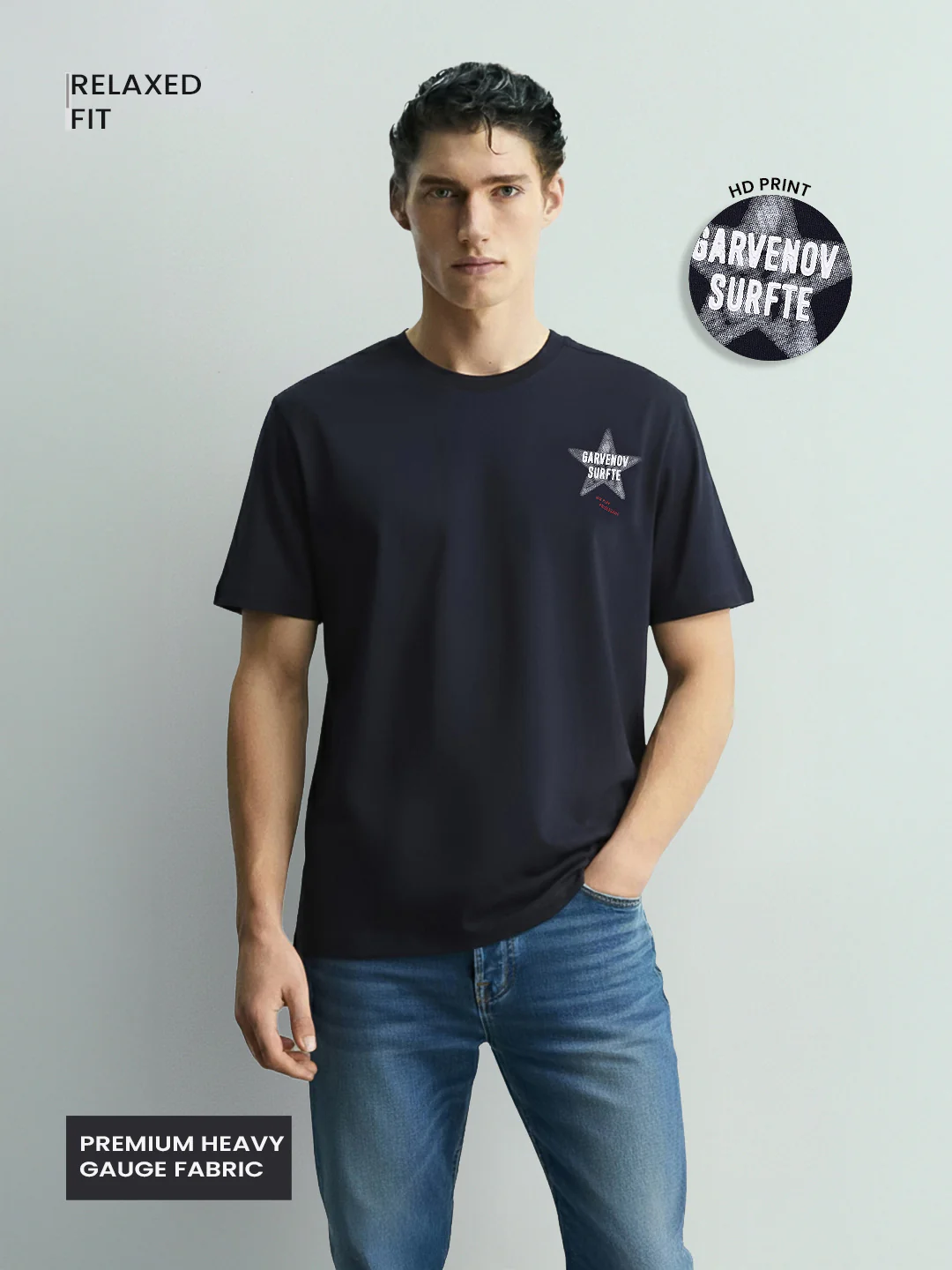 Men's Navy Blue Relaxed Fit Graphic Printed 240 GSM Casual T-Shirt - Image 2