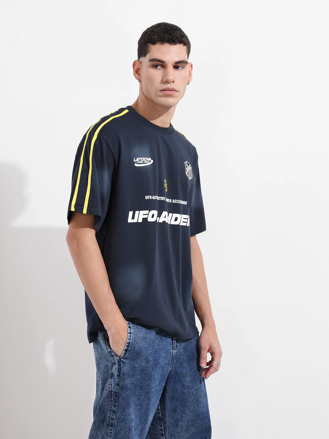 Men's Navy Blue Relaxed Fit Graphic Printed 240 GSM Street Wear T-Shirt - Image 2