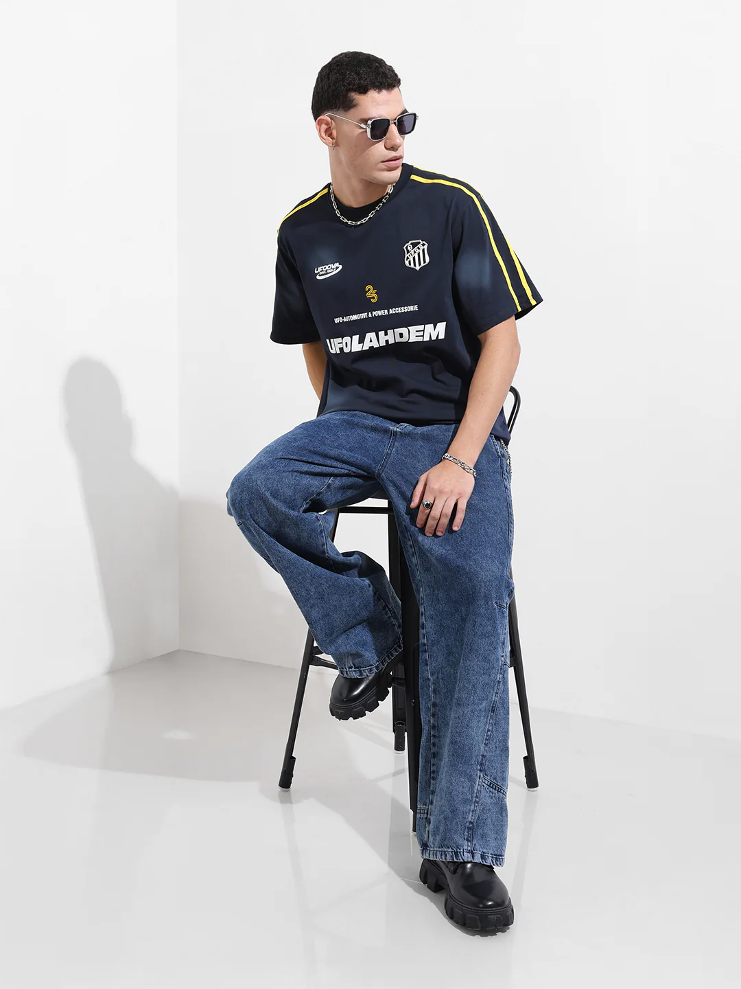 Men's Navy Blue Relaxed Fit Graphic Printed 240 GSM Street Wear T-Shirt - Image 5