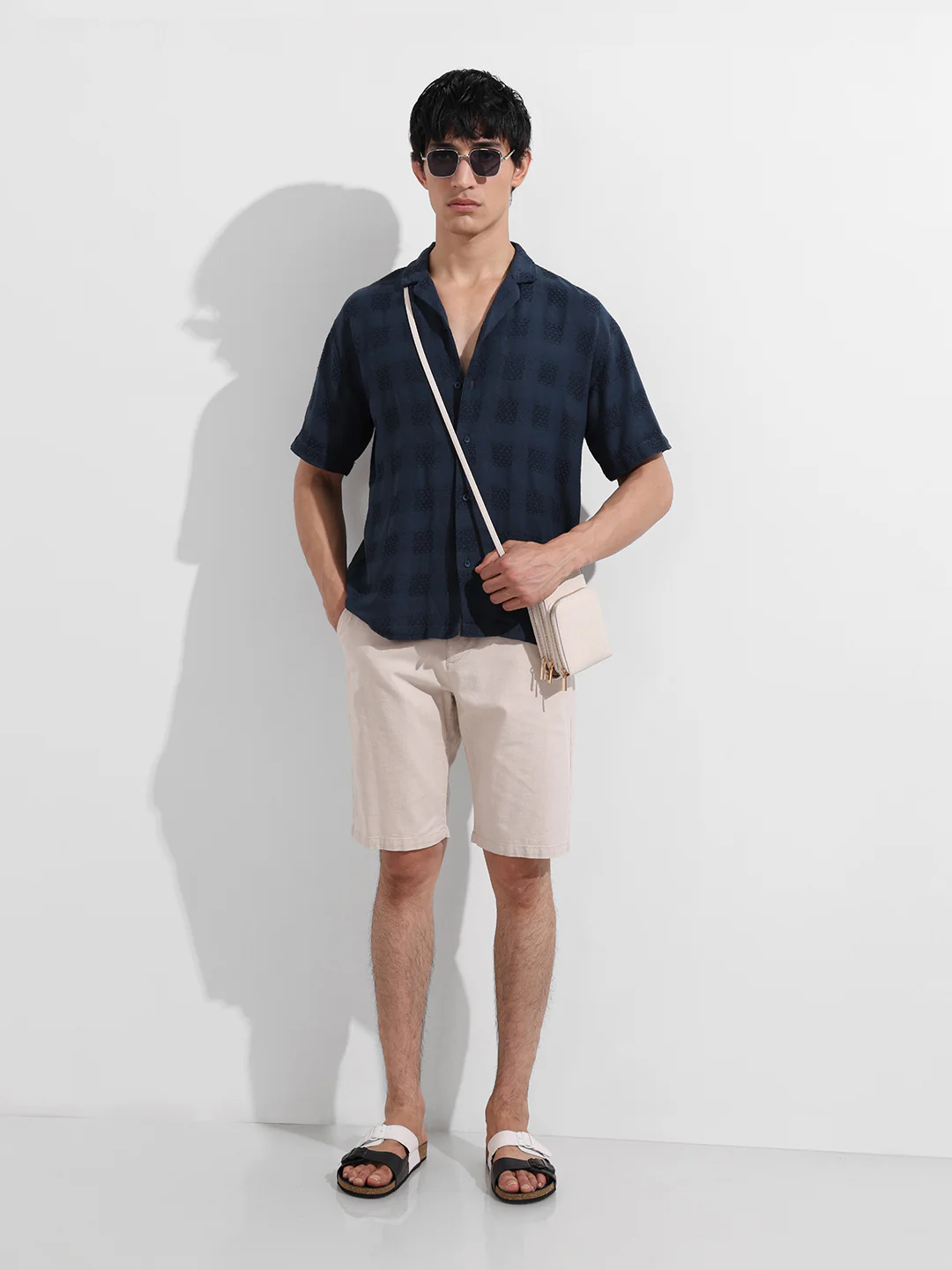 Men's Navy Blue Relaxed Fit Resort Wear Textured Shirt - Image 4