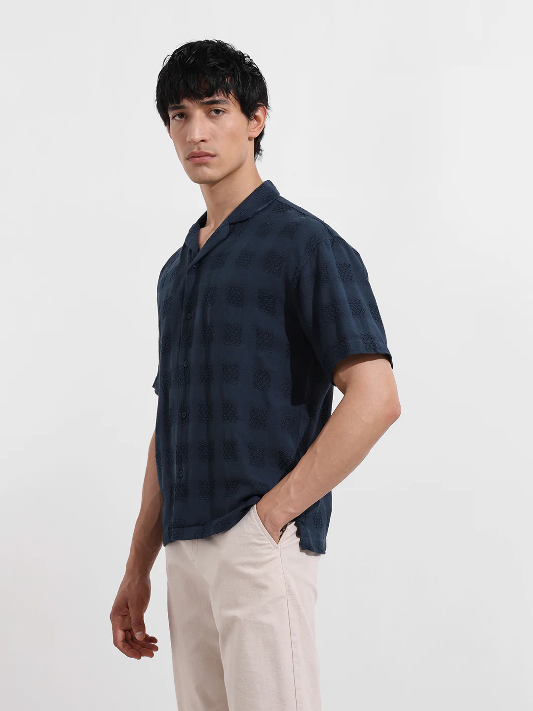 Men's Navy Blue Relaxed Fit Resort Wear Textured Shirt - Image 5
