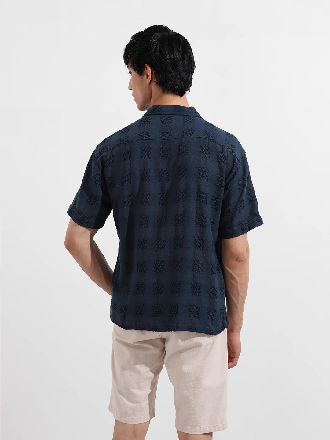 Men's Navy Blue Relaxed Fit Resort Wear Textured Shirt - Image 7