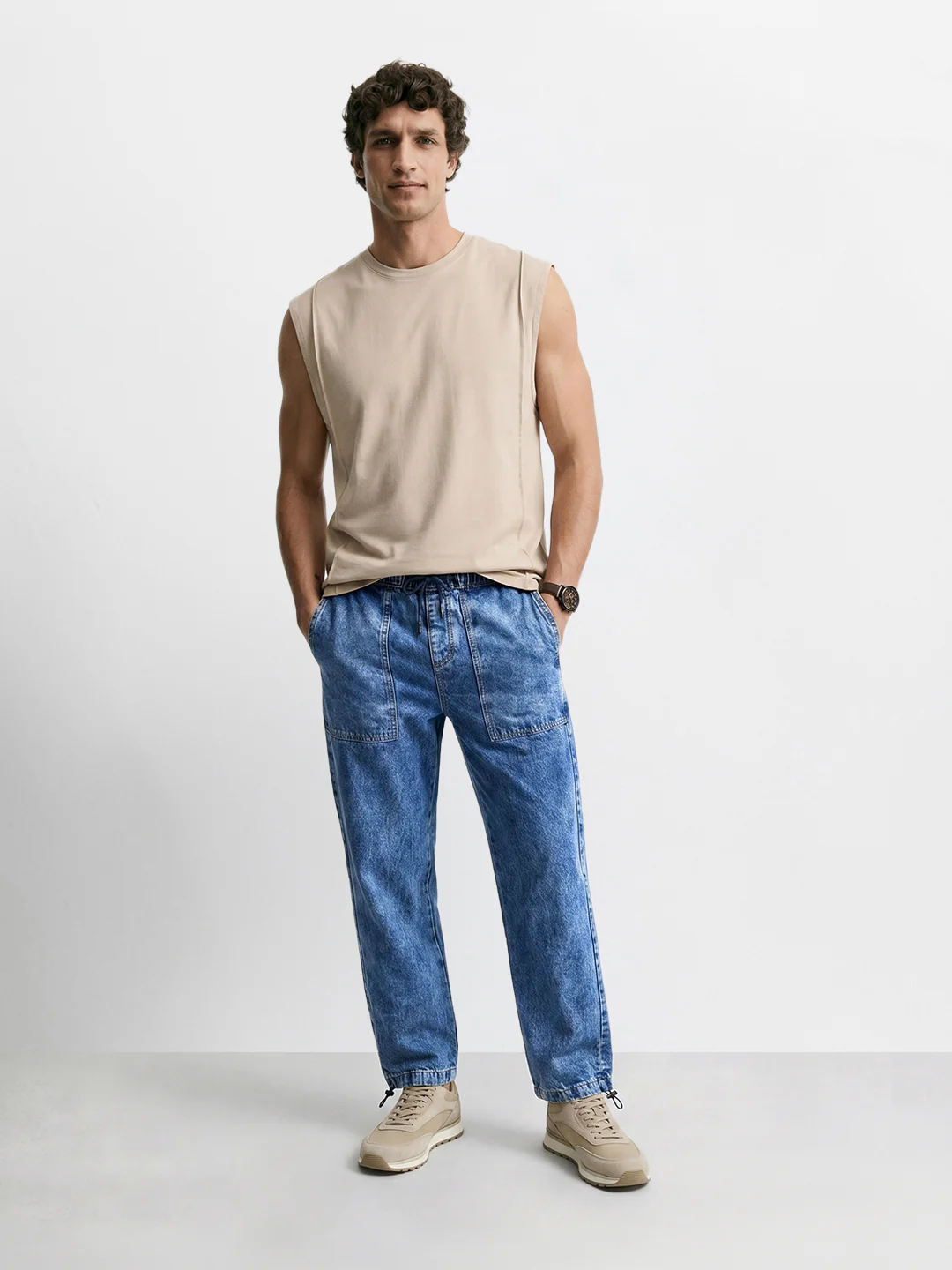 Men's Blue Relaxed Fit Solid Denim Joggers - Image 6