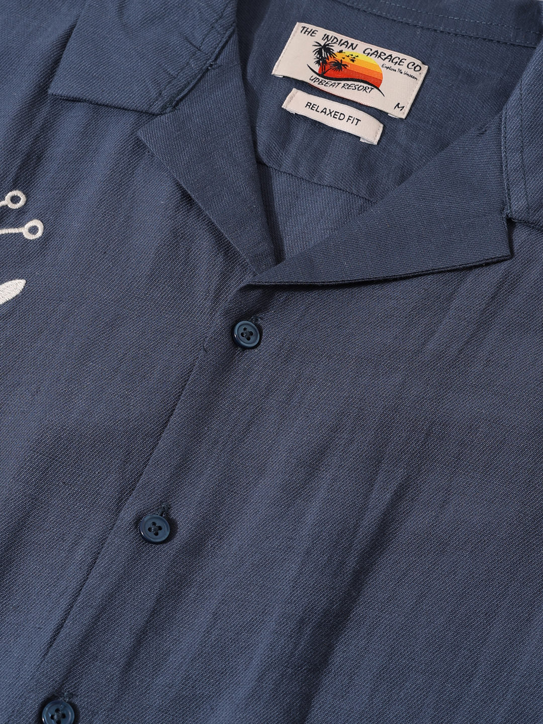 Men's Navy Blue Relaxed Fit Printed Casual Shirt - Image 5