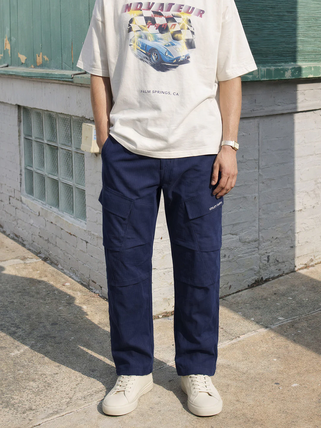 Men's Navy Blue Relaxed Fit Solid Utility Cargo