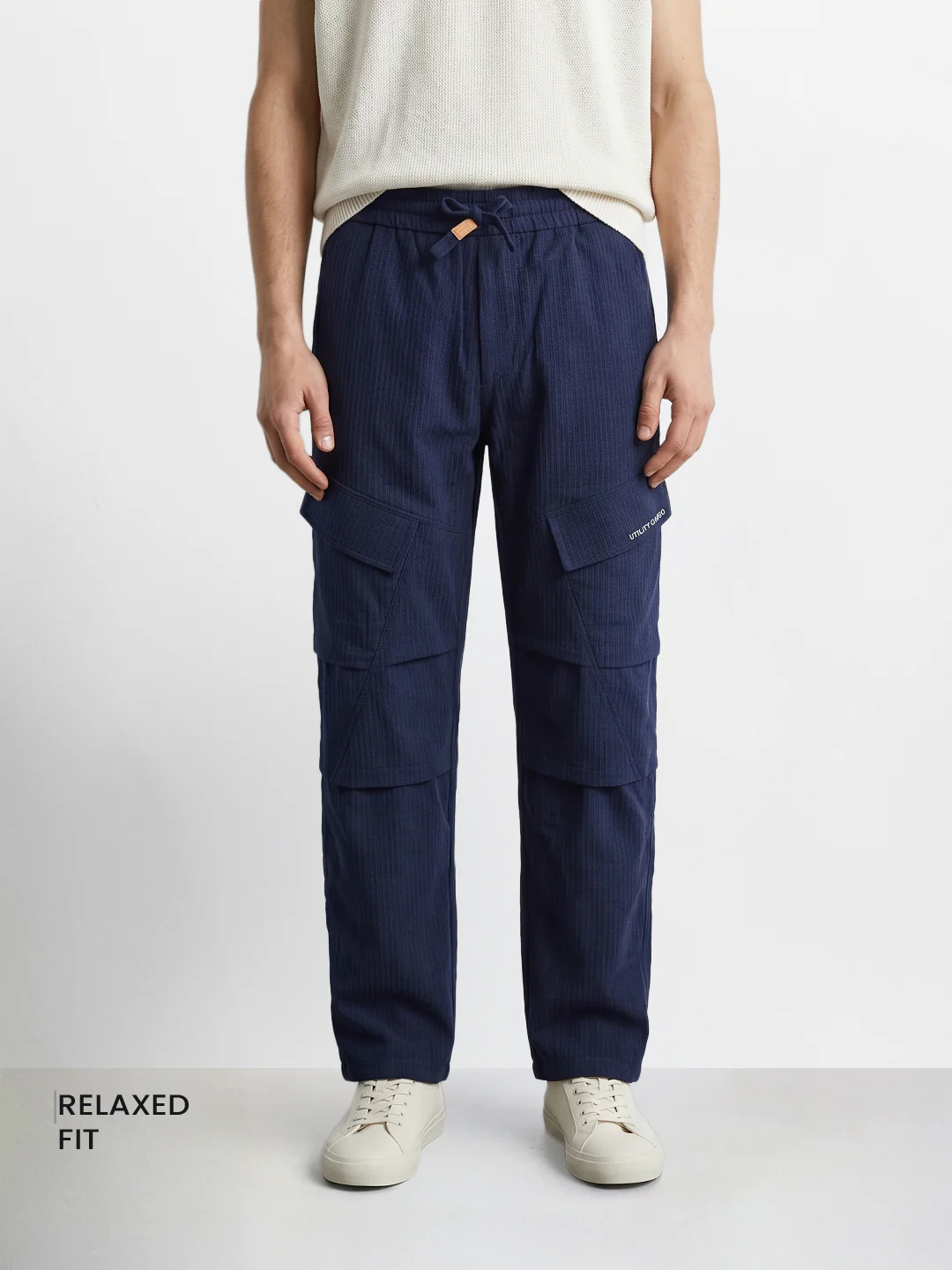 Men's Navy Blue Relaxed Fit Solid Utility Cargo - Image 2