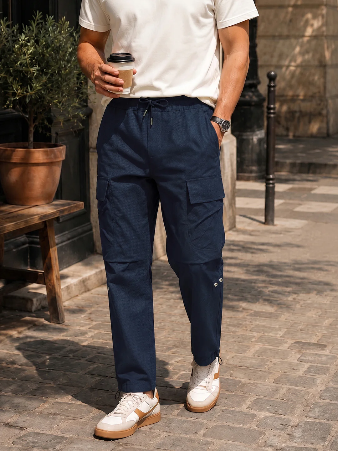 Men's Blue Relaxed Fit Solid Utility Joggers