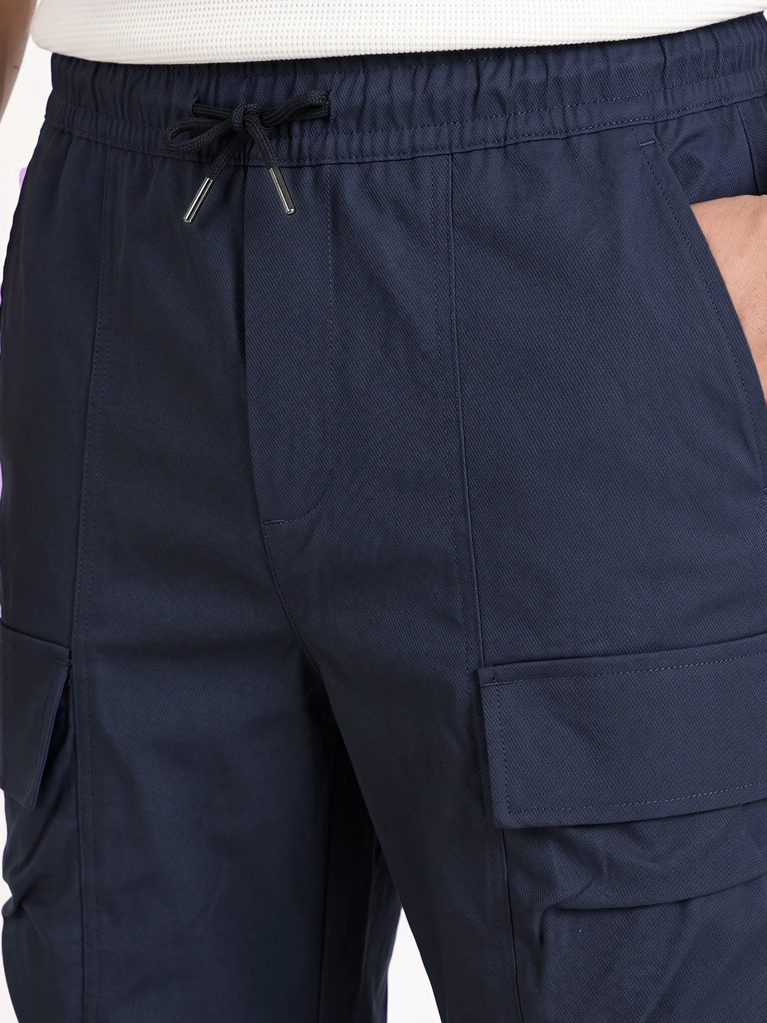 Men's Blue Relaxed Fit Solid Utility Joggers - Image 3