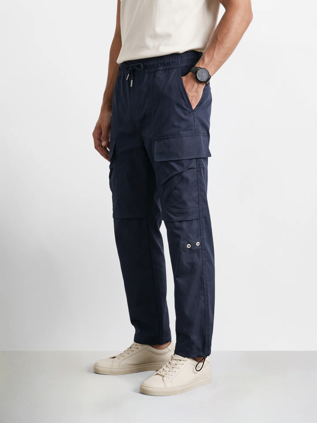 Men's Blue Relaxed Fit Solid Utility Joggers - Image 4
