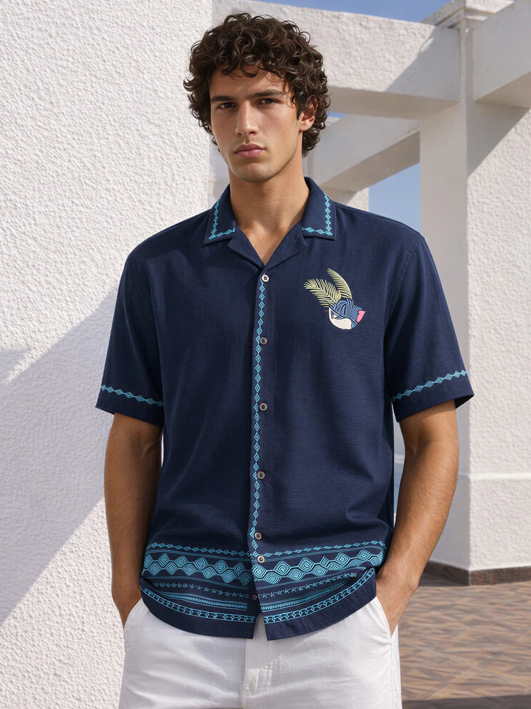 Men's Blue Relaxed Fit Embroidered Shirt