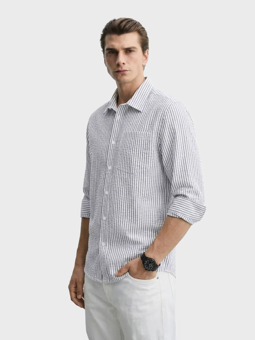 Men's Blue Relaxed Fit Striped Casual Shirt - Image 4