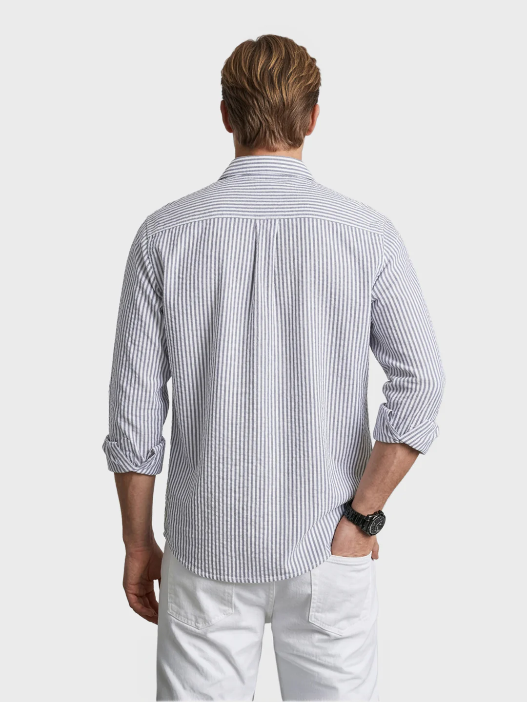 Men's Blue Relaxed Fit Striped Casual Shirt - Image 5
