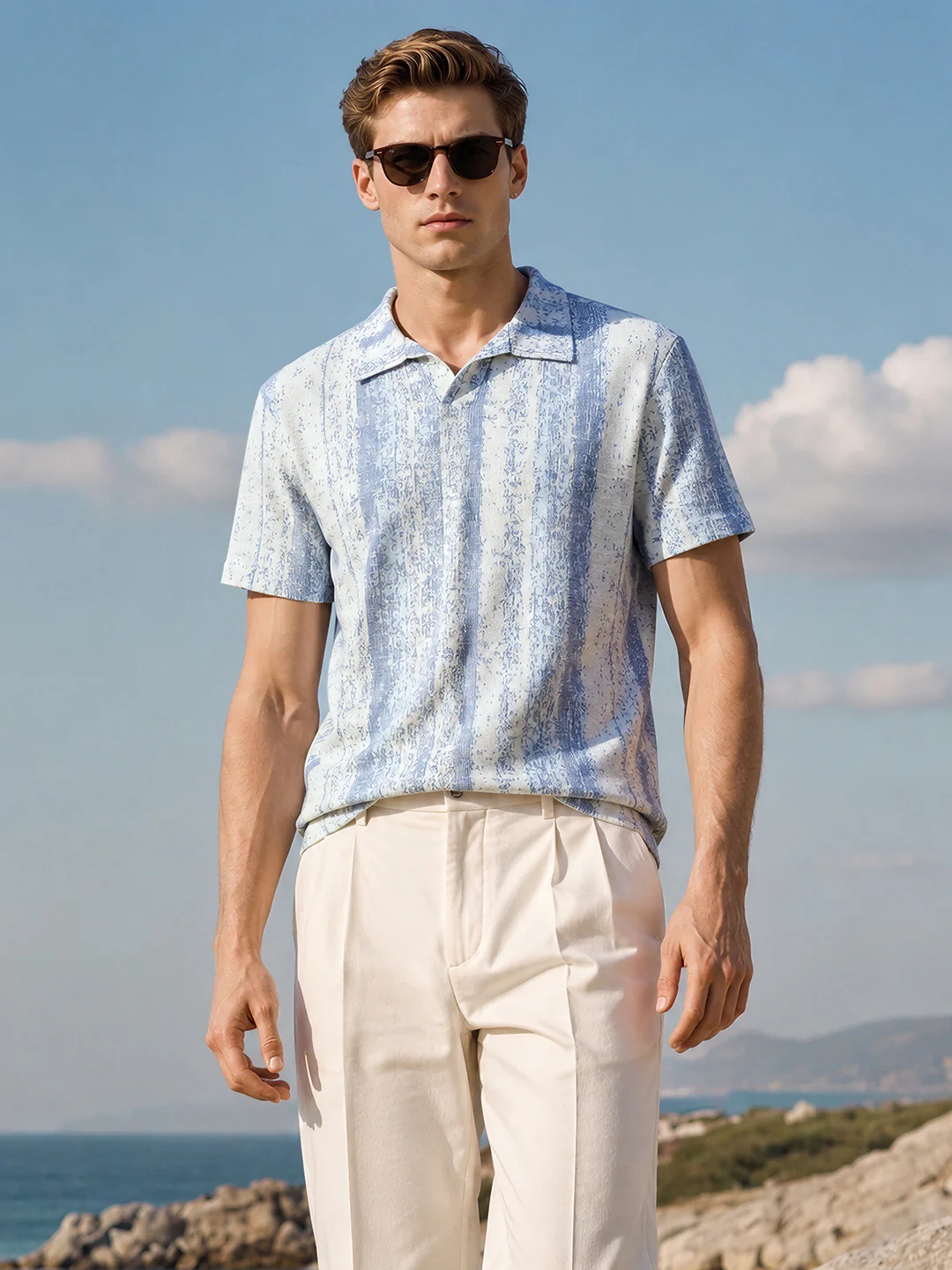 Men's Blue Relaxed Fit Striped Casual Polo T-Shirt