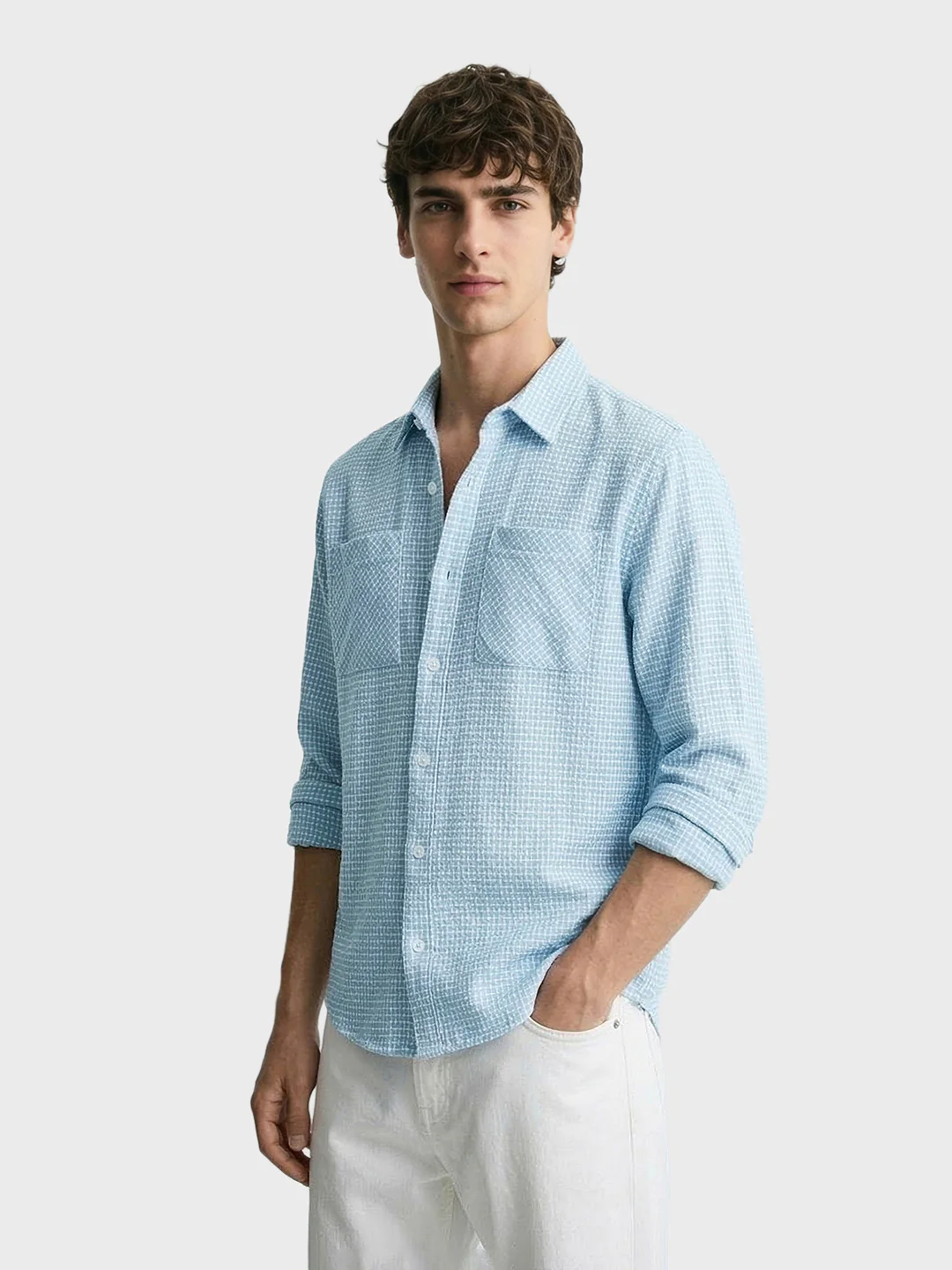 Men's Blue Oversized Fit Textured Casual Shirt - Image 4