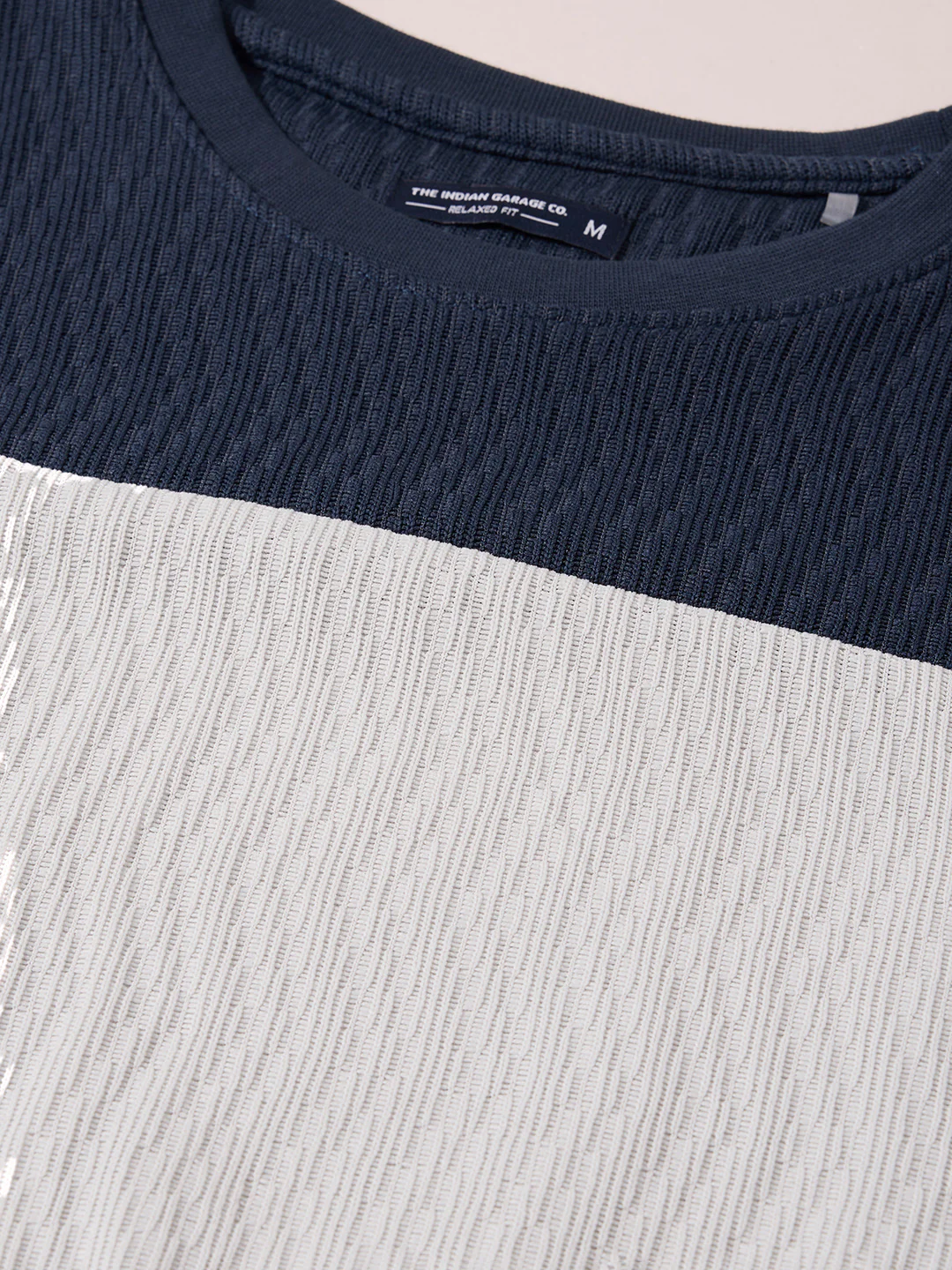 Men's Navy Blue Relaxed Fit Textured Casual T-Shirts - Image 3