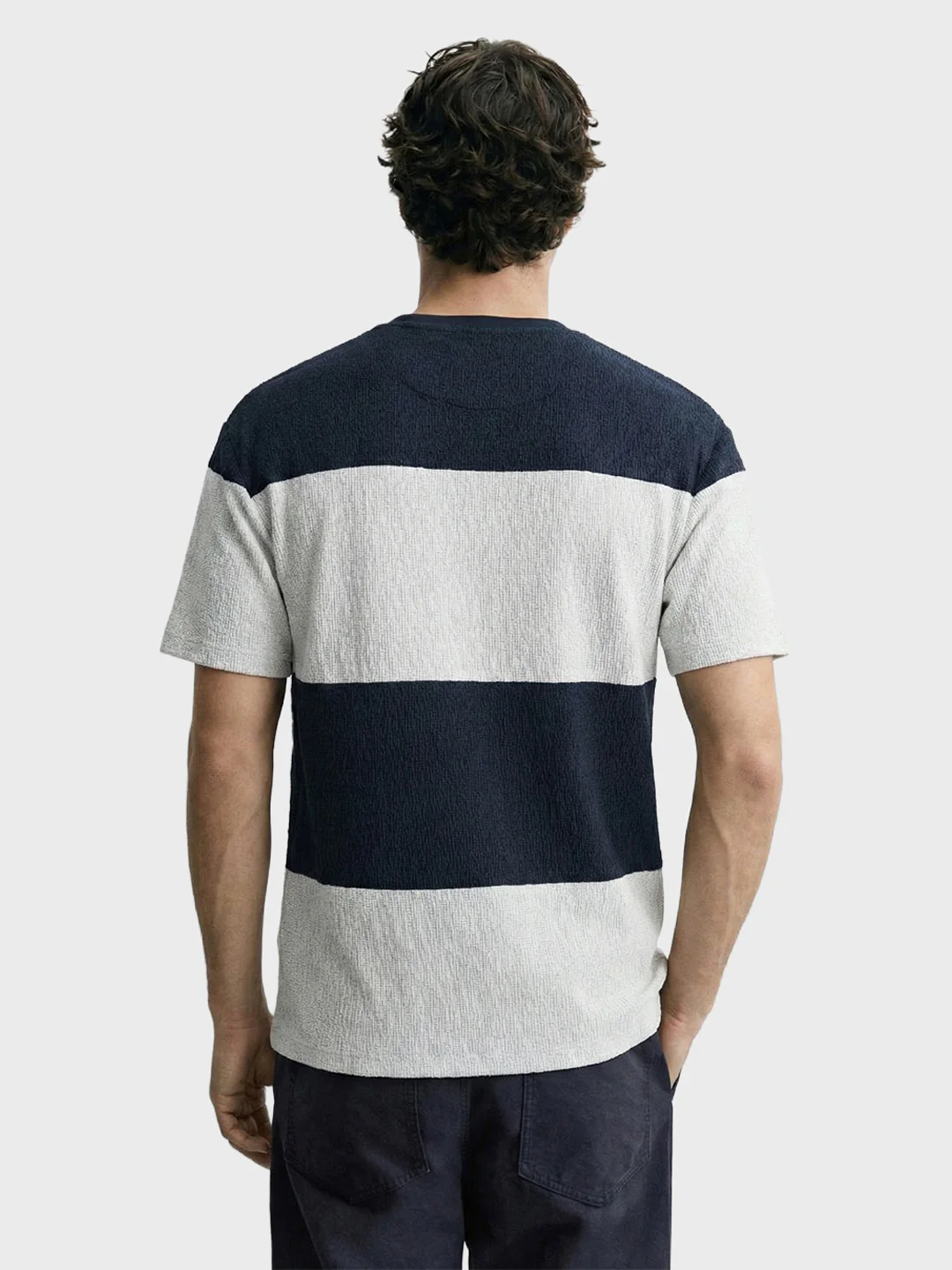 Men's Navy Blue Relaxed Fit Textured Casual T-Shirts - Image 4