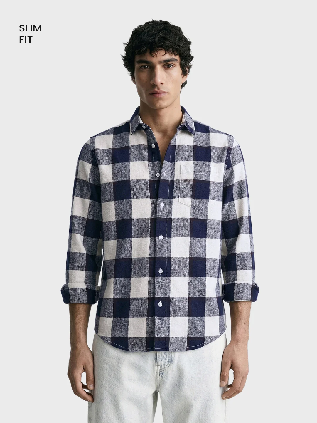 Men's Navy Blue Slim Fit Checked Casual Shirt - Image 2