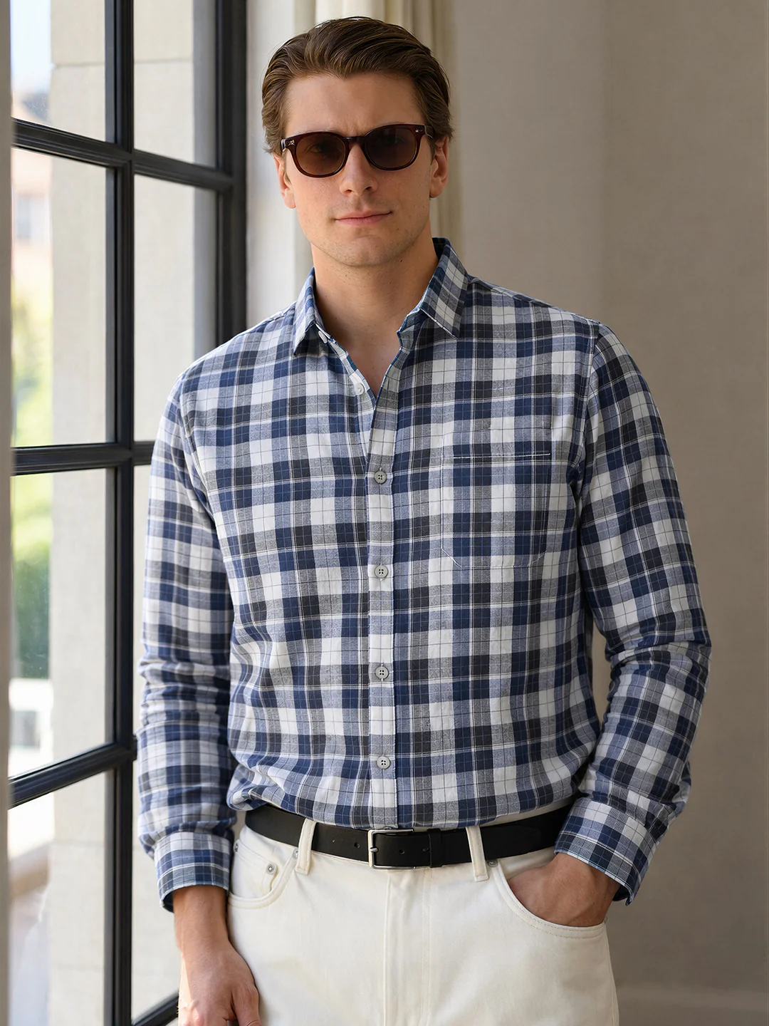 Men's Blue Slim Fit Checkered Casual Shirt