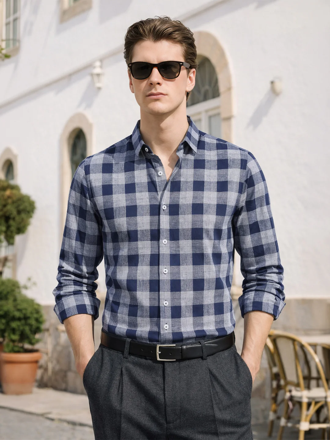 Men's Navy Blue Slim Fit Checked Casual Shirt