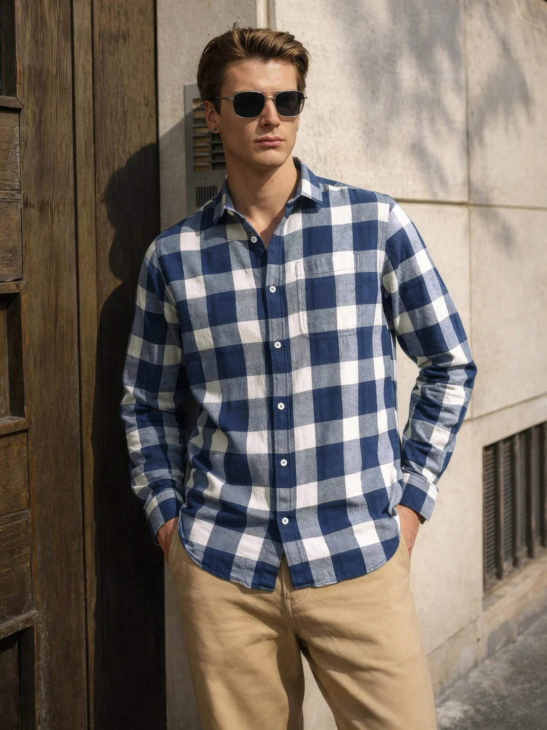 Men's Navy Blue Slim Fit Checkered Casual Shirt