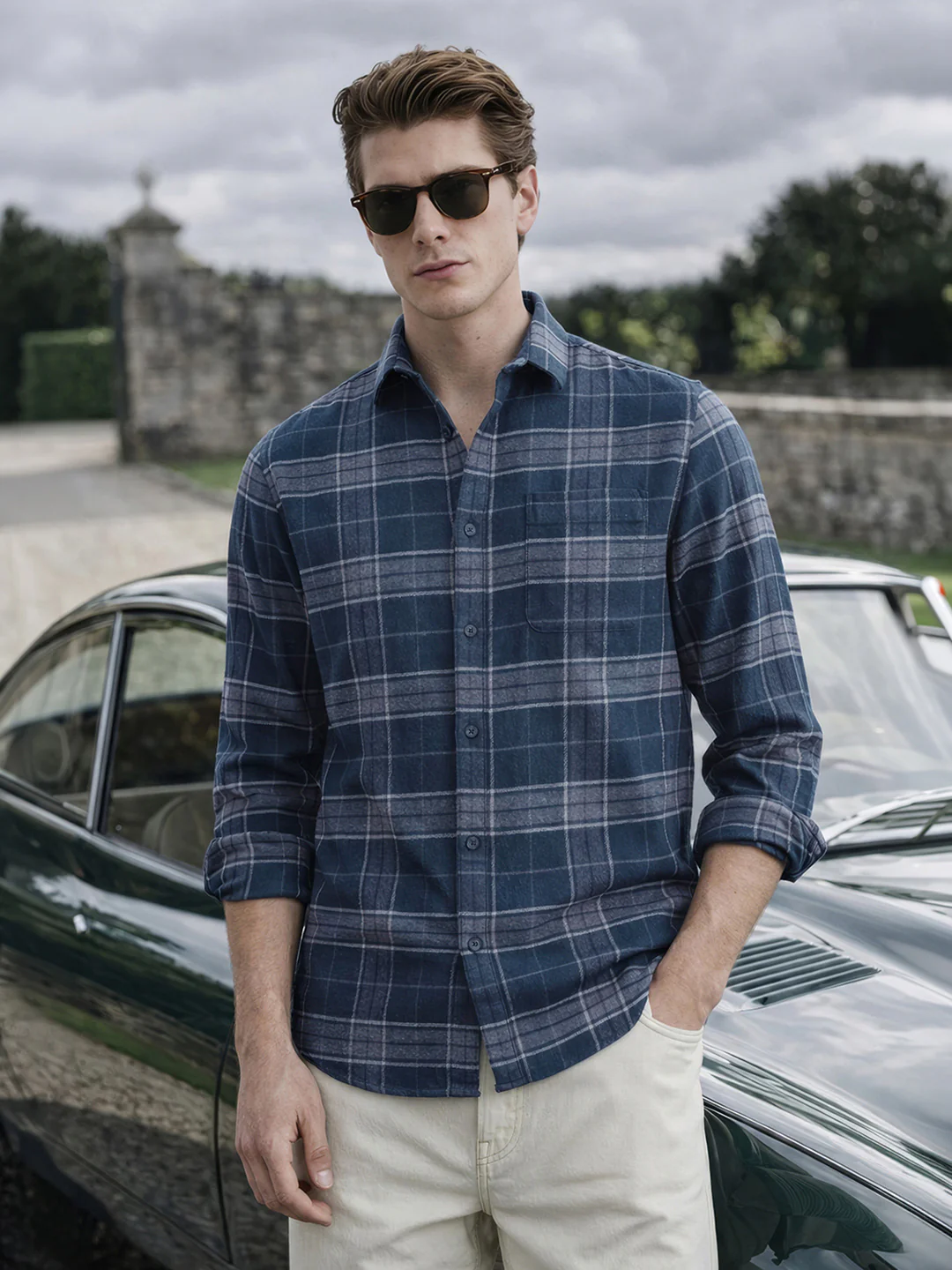 Men's Navy Blue Slim Fit Checkered Casual Shirt