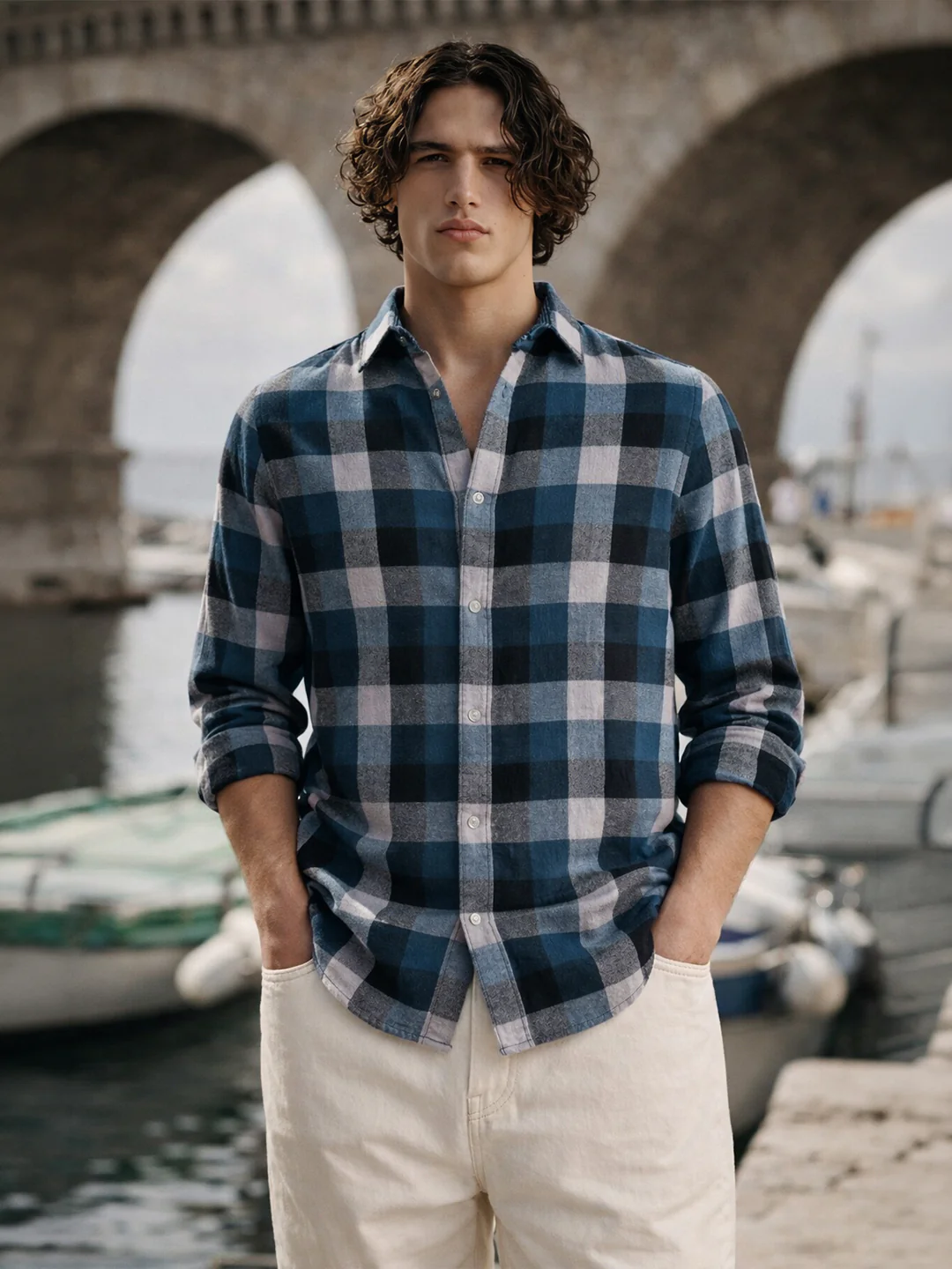 Men's Navy Blue Slim Fit Checkered Casual Shirt