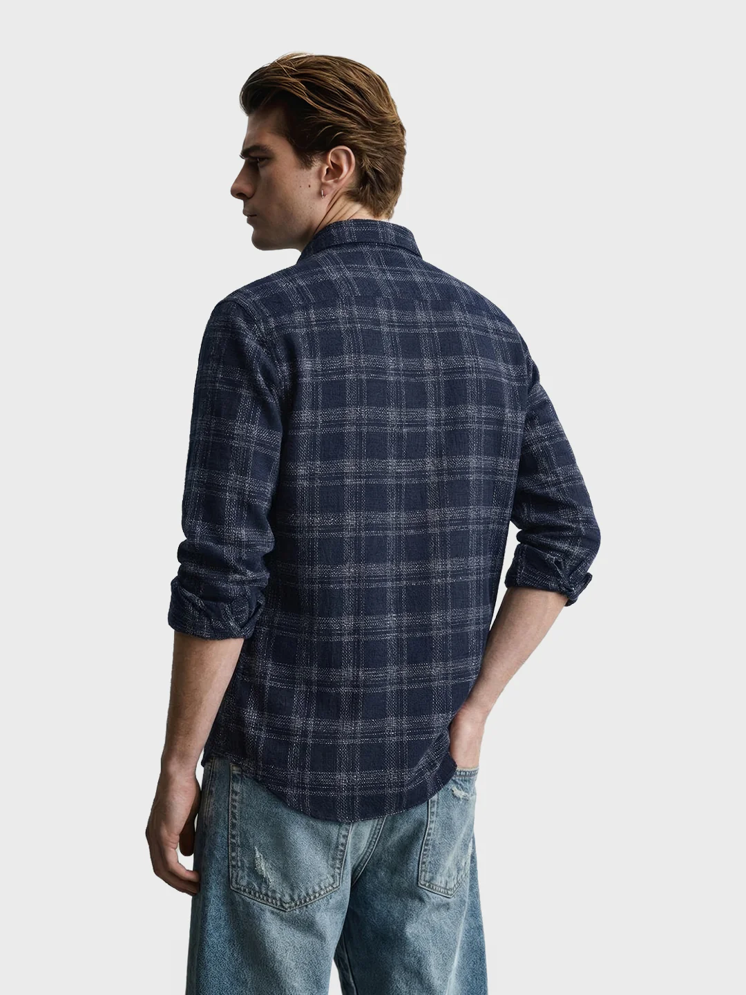 Men's Navy Blue Slim Fit Checkered Casual Shirt - Image 4