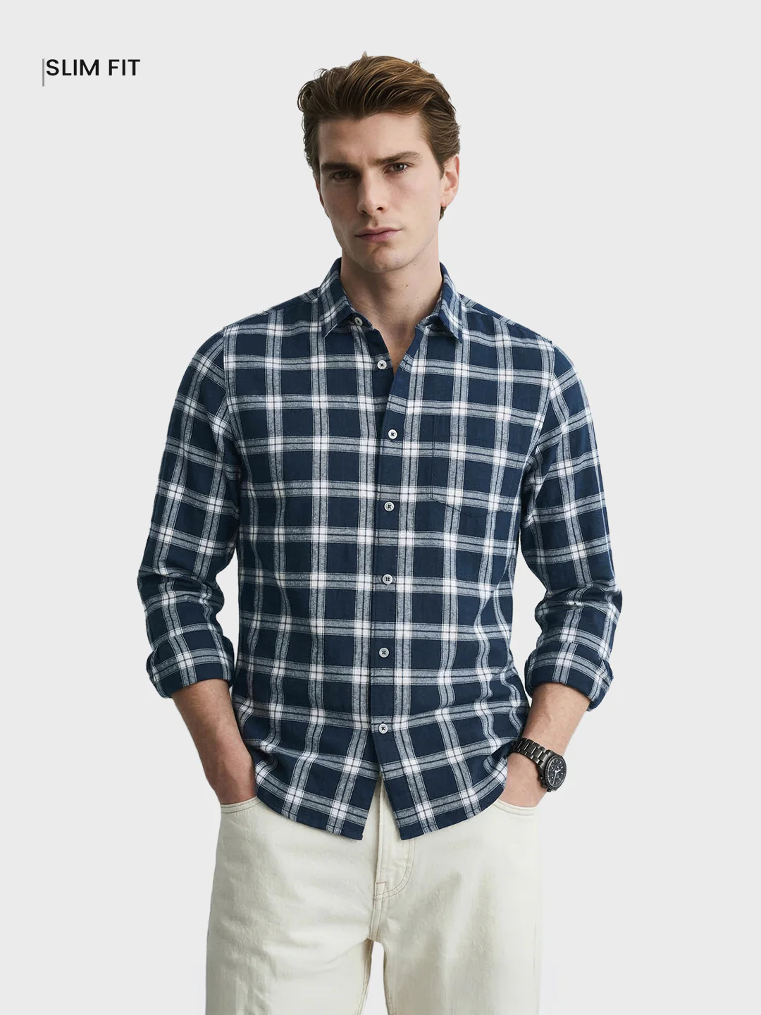 Men's Navy Blue Slim Fit Checkered Casual Shirts - Image 2