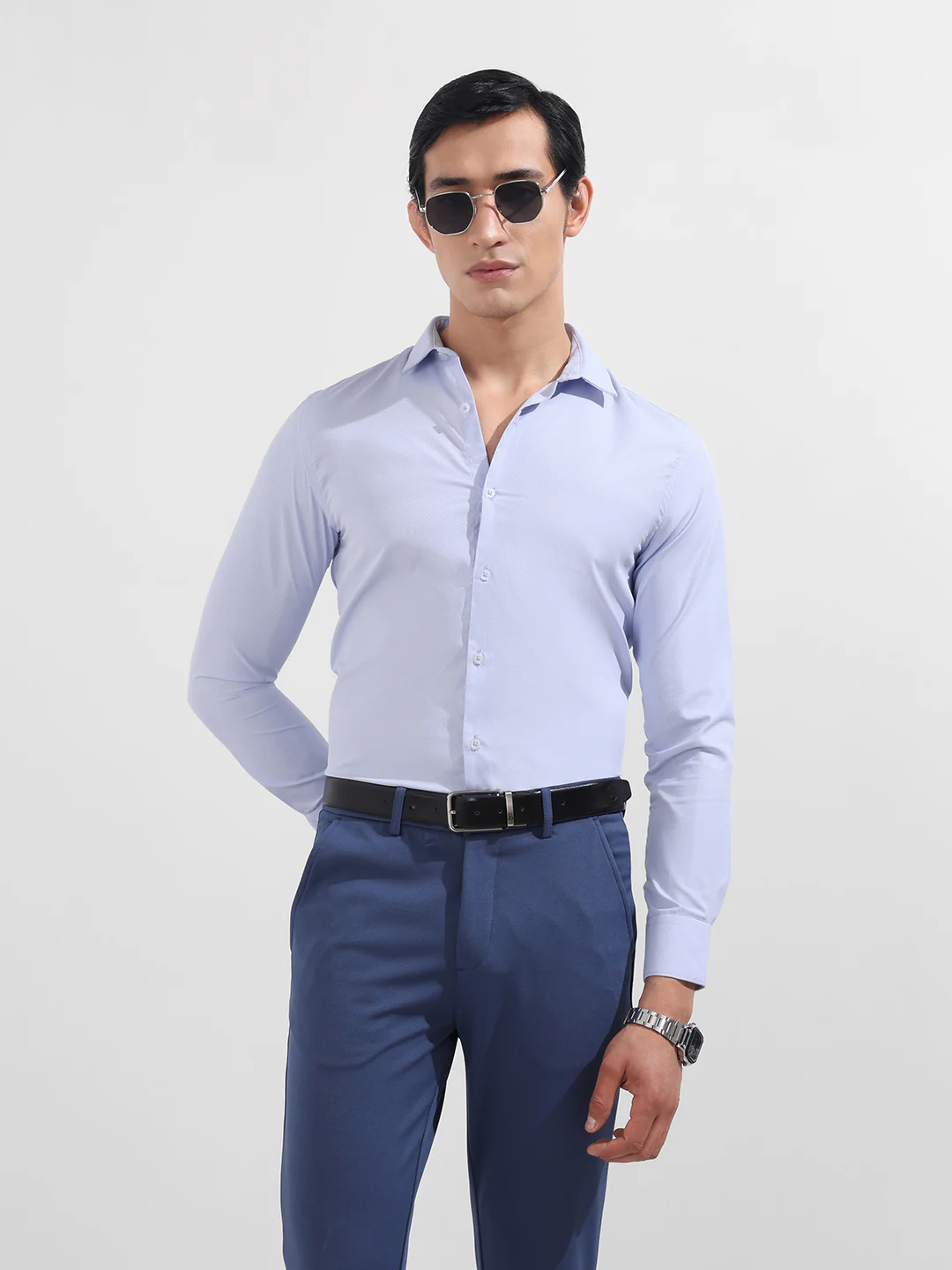 Men's Blue Slim Fit Geometric Print Formal Shirt